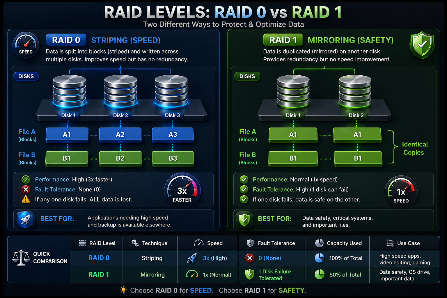 RAID 0 vs RAID 1 Diagram